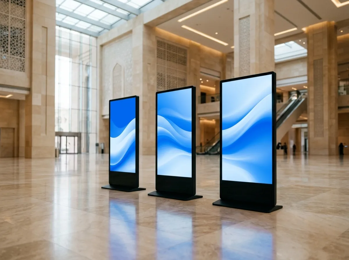 Digital signage screens and kiosk in a modern lobby