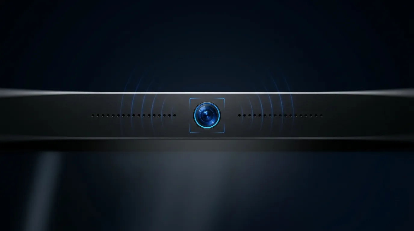 Close-up of the interactive panel AI camera and microphone array