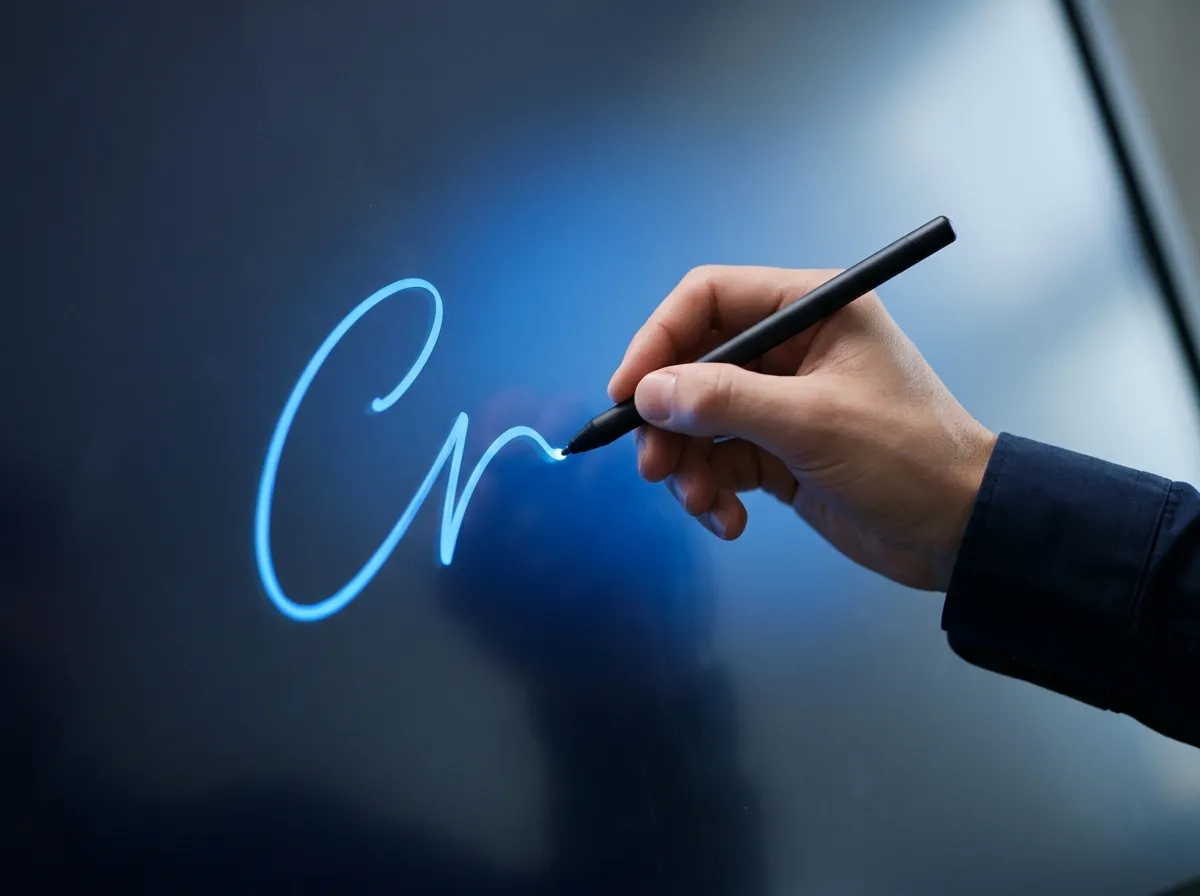Hand writing on the interactive panel with a stylus