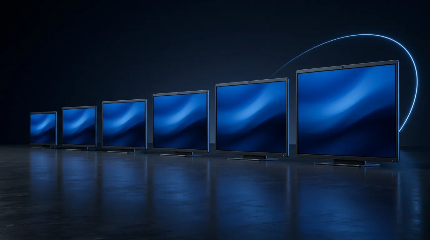 INT'L TECH interactive panels lined up from 65 to 110 inches