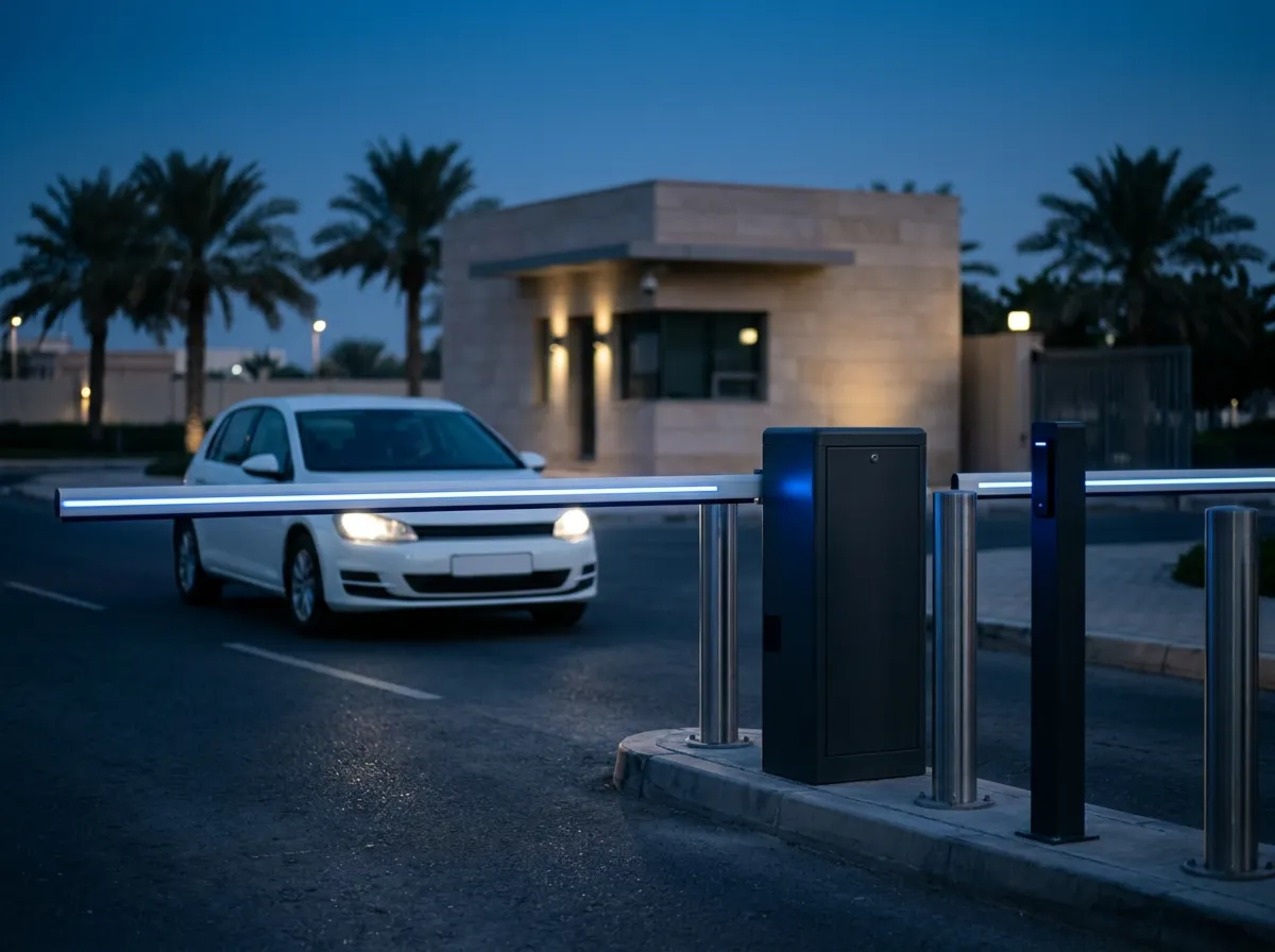 Automatic vehicle barrier at a secured facility entrance at dusk