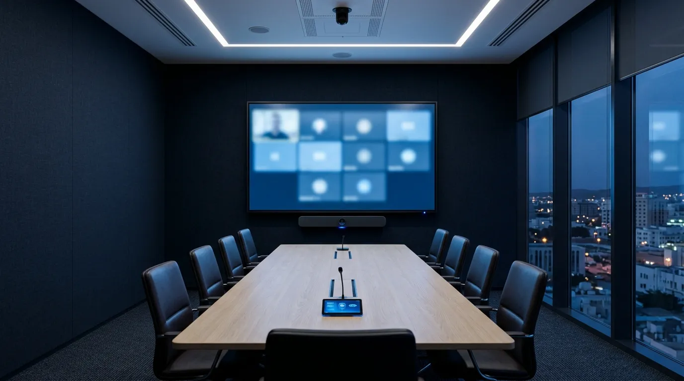 Smart boardroom with video conferencing and an interactive display