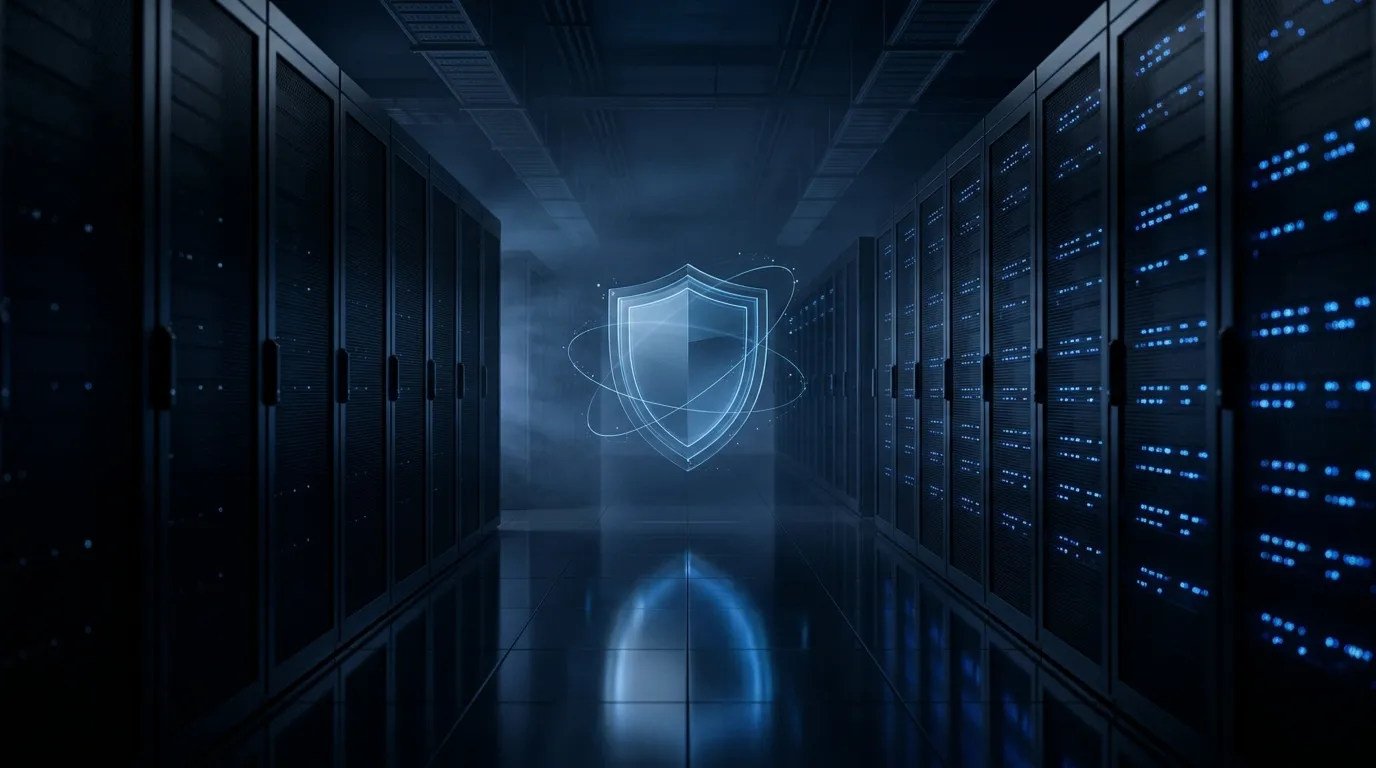 Modern data centre with server racks and a cyber security shield overlay