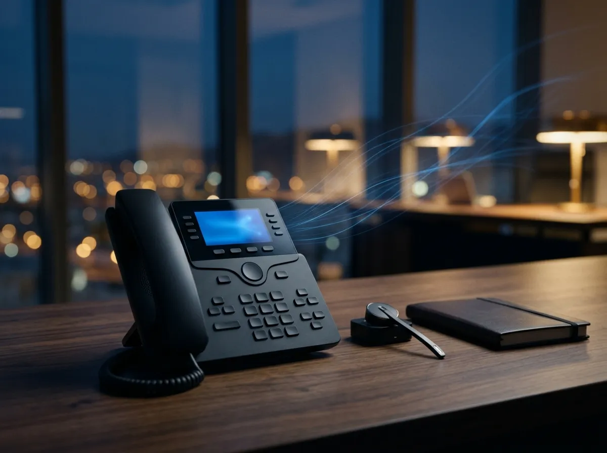 IP desk phone and telephony system in a modern office