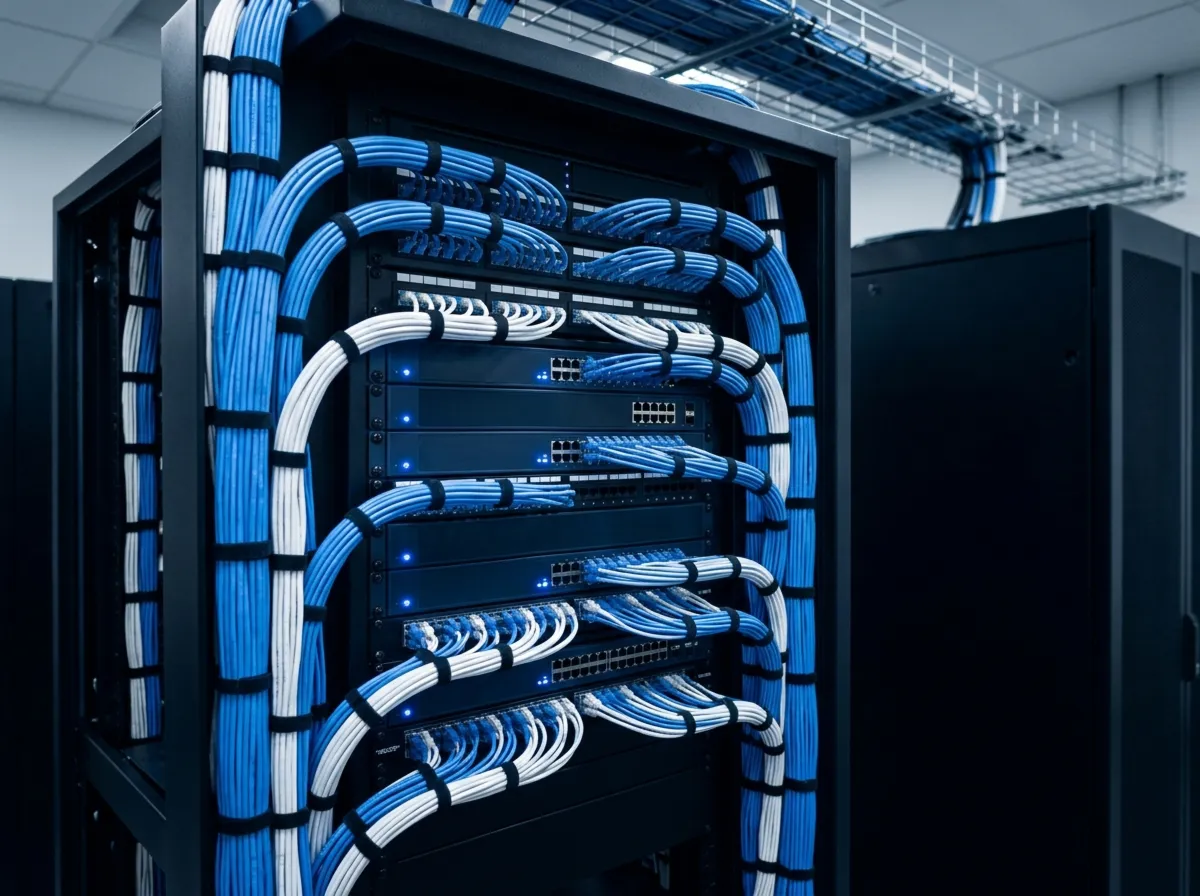 Neatly dressed structured cabling and fibre patch panels