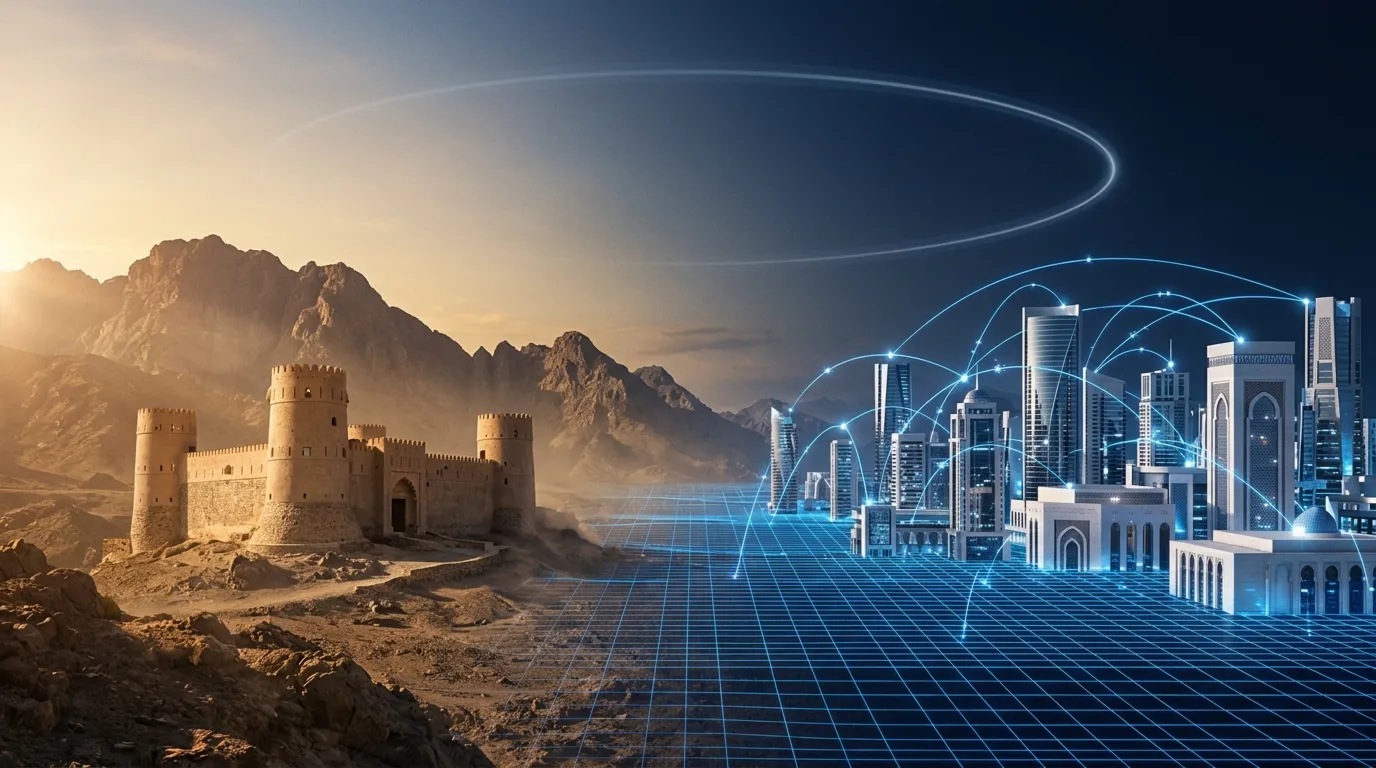 Omani heritage fort and mountains flowing into a connected smart city — Oman Vision 2040